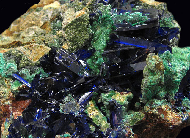 Azurite - Cluster Of Dark Blue Crystals on Green Malachite