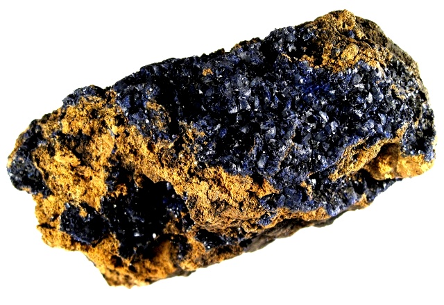 azurite-small blue crystals on yellow limonite