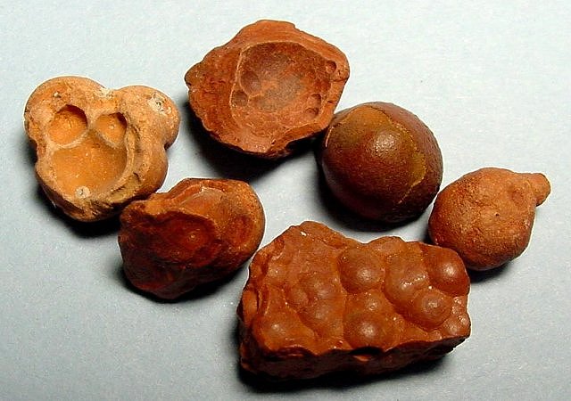 cassiterite-rounded brown pellets-wood tin-close view