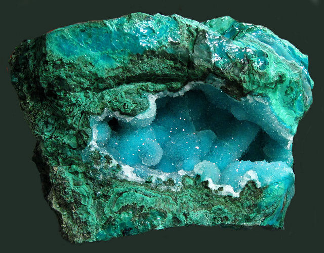 chrysocolla-green malachite vug with chrysocolla and drusy quartz