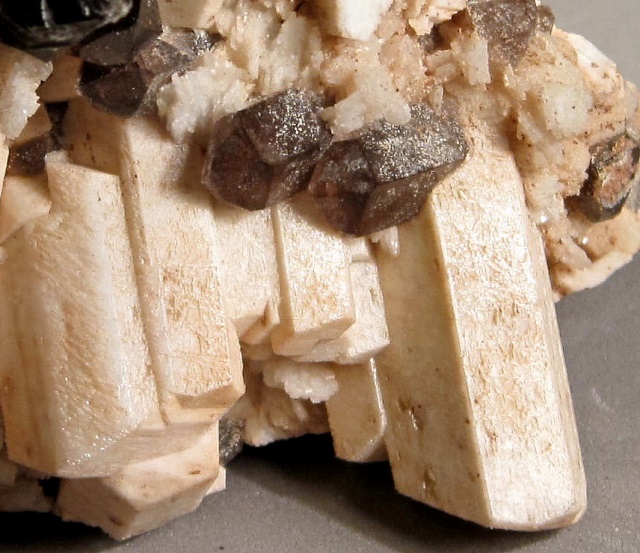 orthoclase- white crystals with smoky quartz-New Hampshire